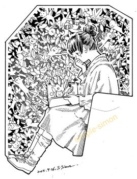 Rule 34 | 1girl, animal, artist name, autumn leaves, book, cat, commentary request, covering own mouth, dated, dress, from side, greyscale, hair bun, hand up, hatching (texture), holding, holding book, leaf, linear hatching, monochrome, object on lap, open book, original, reading, shoes, sitting, socks, through medium, through page, traditional media, zpihr6jprso2r2l