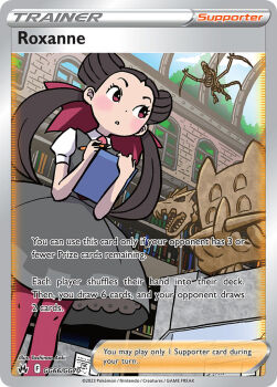 1girl aerodactyl aoki_toshinao artist_name bastiodon blush book bookshelf brown_hair card_(medium) character_name company_name copyright_name copyright_notice dress english_text eyelashes gen_1_pokemon gen_4_pokemon gen_6_pokemon grey_dress hair_ribbon holding holding_pen indoors long_hair nintendo official_art pantyhose pen pokemon pokemon_card pokemon_oras pokemon_tcg red_eyes red_pantyhose red_ribbon ribbon roxanne_(pokemon) short_sleeves skeleton solo standing third-party_source trading_card twintails tyrantrum window