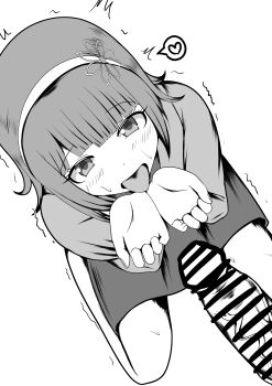 1boy 1girl absurdres bar_censor blunt_bangs blush censored commentary_request dutch_angle erection eyelashes greyscale hairband hands_up heart hetero highres imminent_ejaculation kneeling kurumi_wendy looking_at_penis master_detective_archives:_rain_code mattakuiminasi medium_hair monochrome pencil_skirt penis penis_awe pov pov_crotch skirt solo_focus speech_bubble spoken_heart tongue tongue_out twitching