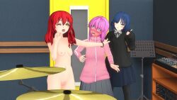 3d 3d_background 3girls :3 @_@ amplifier animated audible_music blue_hair blush bocchi_the_rock! bouncing_breasts bow breasts cymbals dancing drum drum_set wagging_finger full-face_blush gotoh_hitori highres hoshino_ruby_dance indoors instrument jumping kita_ikuyo long_hair long_sleeves meme mixer mole mole_under_eye multiple_girls music music_stand navel neren nipples nude one_eye_closed open_mouth pink_hair pussy red_hair school_uniform short_hair sound standing studio thumbs_up uncensored video yamada_ryo yellow_eyes