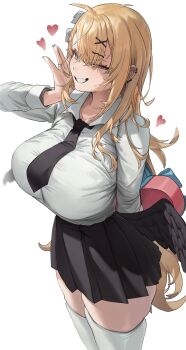 1girl absurdres arm_behind_back black_necktie black_skirt blonde_hair blush box breasts collared_shirt commentary ear_piercing eyelashes fang gift gift_box grin hair_between_eyes hair_ornament hairclip heart heart-shaped_box highres holding holding_gift huge_breasts long_hair long_sleeves looking_at_viewer nail_polish necktie original piercing pleated_skirt rima_(0136) shirt shirt_tucked_in simple_background skin_fang skindentation skirt smile solo sonya_(schan) sweat symbol-only_commentary thighhighs very_long_hair white_background white_shirt white_thighhighs