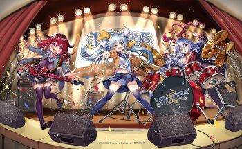 3girls akabane_(zebrasmise) aqua_necktie band_(music) black_shoes black_skirt black_sweater_vest black_thighhighs blazer blue_sailor_collar blue_skirt bow bracelet brown_cardigan cardigan carnival_(wixoss) closed_mouth commentary_request concert confetti copyright_logo copyright_name copyright_notice drum drum_set drumsticks facepaint green_eyes grey_jacket guitar guzuko hair_between_eyes hair_bow hair_ornament holding holding_drumsticks holding_microphone instrument jacket jewelry logo long_hair looking_at_viewer microphone multiple_girls necktie official_art one_eye_closed open_cardigan open_clothes open_jacket open_mouth red_hair sailor_collar school_uniform shirt shoes skirt smile spiked_bracelet spikes stage_lights sweater_vest tama_(wixoss) tears thighhighs twintails white_bow white_hair white_shirt wixoss yellow_bow