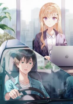 1boy 1girl aqua_shirt asamura_yuuta ayase_saki black_hair blonde_hair brother_and_sister closed_mouth collarbone collared_shirt commentary_request computer driving gimai_seikatsu green_eyes hair_between_eyes hair_ornament hairclip highres hiten_(hitenkei) jacket laptop long_hair novel_illustration official_art open_mouth purple_eyes purple_jacket seatbelt second-party_source shirt short_hair siblings smile step-siblings white_shirt