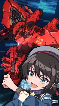 1girl 3d absurdres beret black_bow black_hair blender_(medium) blue_eyes blue_jacket bow eyebrows_hidden_by_hair grey_headwear grey_shirt hat highres holographic_monitor hololive jacket mecha mecha_tamashi mixed_media oozora_subaru oozora_subaru_(suspenders) robot science_fiction shirt short_hair striped_clothes striped_shirt v-shaped_eyebrows vertical-striped_clothes vertical-striped_shirt virtual_youtuber visor watch wristwatch
