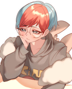 1girl :t absurdres black_hoodie blue_hair brown_bag character_backpack closed_mouth commentary commentary_request eevee_backpack elbow_rest godouyu_(neisukun) hand_on_own_cheek hand_on_own_face hand_up head_rest highres hood hoodie long_sleeves looking_ahead multicolored_hair necktie nintendo orange_necktie partial_commentary penny_(pokemon) pokemon pokemon_sv pout red_hair round_eyewear short_hair simple_background solo two-tone_hair upper_body white_background