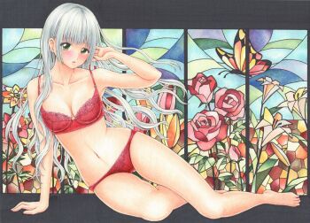 1girl arm_support barefoot blush bra breasts bug butterfly collarbone commentary_request crotch_seam flower full_body green_eyes grey_background grey_hair hand_up highres insect large_breasts long_hair looking_at_viewer lying marker_(medium) midori_(mira567) navel on_side original panties parted_lips pink_flower reclining red_bra red_flower red_panties red_rose rose solo stained_glass stomach traditional_media underwear underwear_only wavy_hair