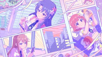 black_hair brown_hair building cellphone chibi flower game_cg hair_flower hair_ornament heart holding idolmaster idolmaster_million_live! idolmaster_million_live!_theater_days japanese_text lying necktie nonohara_akane official_art on_back panels pastel_colors phone pillow plant potted_plant puffy_sleeves red_eyes red_hair smartphone takayama_sayoko tokoro_megumi window window_blinds