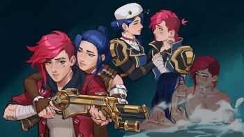 arcane:_league_of_legends arcane_caitlyn arcane_vi arm_tattoo asymmetrical_hair bandaged_arm bandages blush caitlyn_(league_of_legends) cloud_tattoo convenient_censoring eyebrow_cut face_piercing facial_tattoo hat highres league_of_legends neck_tattoo nose_piercing nude piercing police police_uniform policewoman sidecut tattoo toodlingart undercut vi_(league_of_legends) yuri