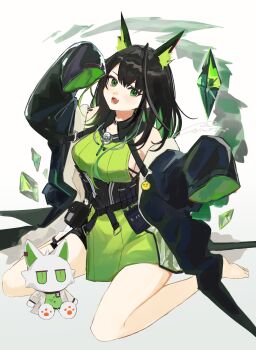 1girl arknights barefoot black_hair black_jacket black_shorts blush breasts character_doll doll dress fangs green_dress green_eyes green_hair highres jacket k-yosinori kal&#039;tsit_(arknights) material_growth medium_breasts mon3tr_(arknights) open_clothes open_jacket open_mouth oripathy_lesion_(arknights) shorts sleeves_past_fingers sleeves_past_wrists teeth