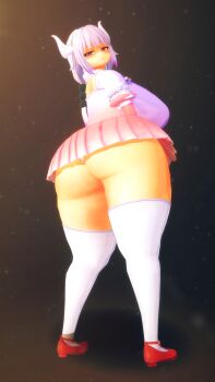 1girl 3d absurdres aged_up alternate_eye_color ass breasts curvy dragon_girl dragon_horns dress expressionless highres horns huge_ass huge_breasts kanna_kamui kobayashi-san_chi_no_maidragon long_hair pink_eyes purple_hair ragedkc solo thick_thighs thighhighs thighs white_thighhighs wide_hips