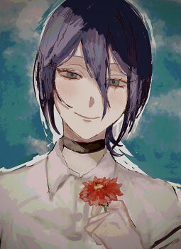 1girl black_choker chainsaw_man choker closed_mouth flower grey_eyes hair_between_eyes highres holding holding_flower kaiwaredai-kun medium_hair polo_shirt purple_hair red_flower reze_(chainsaw_man) shirt smile solo white_shirt