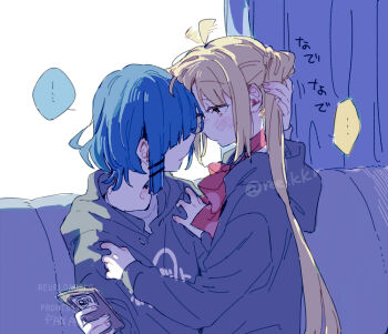 ... 2girls ahoge black_hoodie blonde_hair blue_hair blush bocchi_the_rock! cellphone commentary_request hair_wagging hand_in_another's_hair holding holding_phone hood hoodie ijichi_nijika long_hair multiple_girls parted_lips phone red_eyes ree_(re-19) short_hair side_ponytail smartphone spoken_ellipsis yamada_ryo yuri