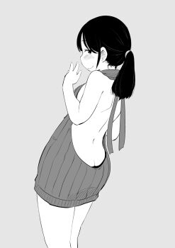 1girl ass backless_dress backless_outfit blush breasts butt_crack dress greyscale hand_up kirinama01 looking_back monochrome original ponytail ribbed_dress small_breasts smile solo standing virgin_killer_sweater