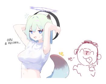 1boy 1girl absurdres alternate_costume animal_ears aqua_hair arms_behind_head arms_up blue_archive blue_eyes blue_halo bright_pupils commentary cropped_shirt doodle_sensei_(blue_archive) exercising flying_sweatdrops hair_between_eyes hair_ornament hairclip halo highres korean_text looking_at_viewer midriff mona_kkkk navel open_mouth ring-con sensei_(blue_archive) shigure_(blue_archive) shirt short_hair short_sleeves simple_background smile solo sportswear sweat tail translation_request weasel_ears weasel_girl weasel_tail white_background white_pupils white_shirt
