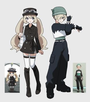 2girls alternate_costume alternate_hair_color bag beanie black_boots black_coat black_gloves black_hat black_pants black_shirt blonde_hair boots breasts coat eyewear_on_headwear fingerless_gloves game_screenshot_inset gloves grey_eyes hair_over_one_eye harmony_(pokemon) hat highres long_hair long_sleeves looking_at_viewer multiple_girls nintendo official_alternate_costume original oromnt pants pokemon pokemon_legends:_z-a pokemon_xy serena_(pokemon) shirt short_hair shoulder_bag sunglasses thighhighs twintails undershirt white-framed_eyewear white_bag white_shirt white_thighhighs