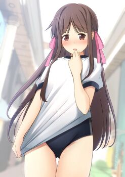 Rule 34 | 1girl, black buruma, brown eyes, brown hair, buruma, clothes pull, commission, cowboy shot, embarrassed, fruits basket, gluteal fold, gym shirt, gym uniform, hair ribbon, honda tohru, looking down, ribbon, shibacha, shirt, shirt pull, skeb commission, solo, t-shirt, thigh gap, white shirt