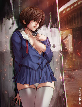 Rule 34 | 1girl, absurdres, against wall, alessa gillespie, artist name, black hair, breasts, broken glass, cowboy shot, glass, highres, indoors, karosu maker, lips, medium breasts, nipples, one breast out, panties, school uniform, short hair, silent hill, silent hill (series), skirt, solo, thighhighs, underwear, white panties, yellow eyes