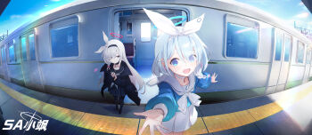 2girls absurdres aqua_hair aqua_halo aqua_pupils arona_(blue_archive) artist_logo artist_name black_choker black_coat black_hairband black_pantyhose black_sailor_collar black_serafuku black_shirt black_shoes black_skirt blue_archive blue_eyes blue_shirt bow bow_hairband braid bright_pupils chinese_commentary choker chromatic_aberration closed_mouth coat colored_inner_hair commentary_request day eyes_visible_through_hair fisheye grey_eyes grey_hair hair_bow hair_ornament hair_over_one_eye hairband halo hands_on_own_chest highres light_smile logo long_hair long_sleeves looking_at_viewer looking_to_the_side making-of_available medium_hair mismatched_pupils multicolored_hair multiple_girls neckerchief open_clothes open_coat open_door open_mouth outstretched_arms own_hands_together pantyhose pink_hair plana_(blue_archive) pleated_skirt puffy_long_sleeves puffy_sleeves reaching reaching_towards_viewer red_halo red_pupils sailor_collar sailor_shirt school_uniform serafuku shirt shoes side_braid sidelocks single_braid skirt standing subway subway_station teeth two-tone_hair upper_teeth_only white_bow white_choker white_hairband white_neckerchief white_sailor_collar white_skirt xiao_sa_(hayatekkk)