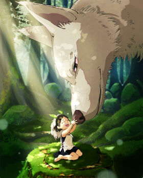 1girl aged_down animal bare_arms black_hair blurry bokeh closed_eyes commentary_request depth_of_field forest grass highres holding jewelry leaf_in_hair light_rays looking_at_another mononoke_hime moro_(mononoke_hime) nature necklace outdoors san_(mononoke_hime) smile studio_ghibli tooth_necklace tree wolf yusuzumi