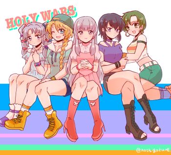 Rule 34 | 5girls, belt, black hair, blonde hair, blouse, boots, braid, braided ponytail, choker, crop top, crossed arms, crossed legs, dress, earrings, english text, fee (fire emblem), fire emblem, fire emblem: genealogy of the holy war, green hair, high heels, highres, hood, hoodie, hoop earrings, jewelry, julia (fire emblem), larcei (fire emblem), legs, long hair, looking at viewer, multiple girls, nintendo, one eye closed, open mouth, own hands clasped, own hands together, patty (fire emblem), purple hair, shirt, short hair, short sleeves, shorts, sidelocks, simple background, single braid, sitting, skirt, smile, socks, terra (hoshigokure), tine (fire emblem), tomboy