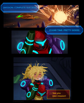 1girl arm_cannon armor artist_name blonde_hair commentary english_commentary explosion helmet high_ponytail highres holding holding_unworn_helmet max_kay messy_hair metroid metroid_prime_1 nintendo planetary_destruction ponytail power_suit_(metroid) purple_armor removing_helmet samus&#039;s_gunship samus_aran speech_bubble two-tone_armor unworn_headwear unworn_helmet weapon