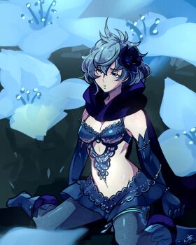 1girl bare_shoulders blue_eyes blue_hair bra drag-on_dragoon drag-on_dragoon_3 flower hair_flower hair_ornament kokomi_(aniesuakkaman) scarf solo two_(drag-on_dragoon) underwear