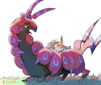 :3 animal_focus antennae brown_eyes brown_fur bug centipede closed_mouth colored_sclera eevee gen_1_pokemon gen_5_pokemon hakudako highres nintendo no_humans pokemon pokemon_(creature) pokemon_focus riding riding_pokemon scolipede smile sweat yellow_eyes yellow_sclera