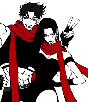 1boy 1girl abs bare_shoulders battle_tendency belt black_dress black_hair breasts clamchowder55 cleavage commentary_request crop_top dress earrings fingerless_gloves gloves grey_belt highres hoop_earrings jewelry jojo_no_kimyou_na_bouken joseph_joestar joseph_joestar_(young) korean_commentary limited_palette lisa_lisa long_hair makeup midriff monochrome mother_and_son muscular muscular_male off-shoulder_dress off_shoulder red_scarf scarf smile teeth v