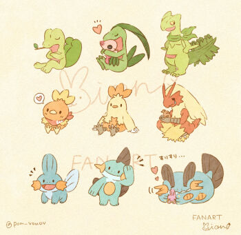 alternate_color arm_support bandana bandana_around_neck blaziken celebi claws closed_mouth combusken crossed_arms evolutionary_line full_body gen_2_pokemon gen_3_pokemon grovyle heart highres hug legendary_pokemon marshtomp mian_(user_kwcj2833) mouth_hold mudkip mythical_pokemon nintendo no_humans pokemon pokemon_(creature) sceptile shiny_pokemon simple_background sitting spoken_heart stalk_in_mouth starter_pokemon_trio swampert tears torchic translation_request treecko