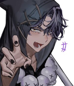 Rule 34 | 1boy, black cloak, black hair, black nails, chamuring, claw pose, cloak, commentary request, cookie run, eyelashes, fang, highres, hood, hood up, hooded cloak, humanization, jewelry, korean commentary, licorice cookie, looking at viewer, male focus, necklace, open mouth, simple background, skin fang, skull necklace, solo, white background, yellow eyes