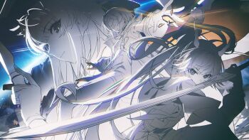 Rule 34 | 3girls, absurdres, arknights, arknights: endfield, blindfold mask, breasts, chen qianyu (arknights), chromatic aberration, closed mouth, coat, dragon girl, dragon horns, endministrator (arknights), female endministrator (arknights), gloves, highres, holding, holding sword, holding wand, holding weapon, horns, layered sleeves, long hair, long sleeves, mask, medium breasts, medium hair, multiple girls, open clothes, open coat, originium arts (arknights), partially colored, perlica (arknights), pleated skirt, short over long sleeves, short sleeves, skirt, sword, twintails, wand, weapon, zhiyan li