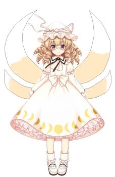 1girl blonde_hair dress drill_hair glasses hat luna_child non-web_source perfect_cherry_blossom red_eyes shoes solo touhou white_background white_dress white_hat white_shoes