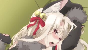 animal_ears animated animated_gif anime_screenshot arm_ribbon arm_up armpits bell black_thighhighs blush cat_ears cat_girl center_opening clothing_cutout couch fate/kaleid_liner_prisma_illya fate_(series) gloves hair_ribbon illyasviel_von_einzbern illyasviel_von_einzbern_(beast_style) jingle_bell leg_ribbon loli long_hair looking_at_viewer lying messy_hair narrowed_eyes naughty_face navel navel_cutout on_back paw_gloves paw_shoes red_eyes red_ribbon ribbon seductive_gaze thigh_ribbon thighhighs thighs tongue tongue_out