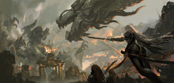 1girl absurdres battle cloud dragon eastern_dragon fantasy from_behind high_detail highres holding holding_sword holding_weapon impasto leo-dont-want-to-be-a-painter long_hair mountain original paint rock_drake scenery solo sword weapon white_hair
