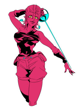 1girl anzumame bare_shoulders breasts cleavage cowboy_shot earrings flattop genderswap genderswap_(mtf) hair_up jean_pierre_polnareff jewelry jojo_no_kimyou_na_bouken miniskirt monochrome narrow_waist rapier shorts skirt smile solo spot_color sword weapon wristband yellow_eyes