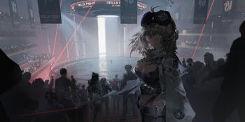 Rule 34 | 6+boys, 6+girls, aa-12 (girls' frontline), absurdres, arena, blonde hair, breasts, cheeta (girls' frontline 2), chinese commentary, cleavage, commentary request, cropped jacket, crowd, dalanxia, dark, english text, game cg, girls' frontline, girls' frontline 2: exilium, head-mounted display, highres, jacket, lind (girls' frontline 2), looking at viewer, looking back, mp7 (girls' frontline), multiple boys, multiple girls, official art, qbz-191 (girls' frontline), qiongjiu (girls' frontline 2), solo focus, stairs, white jacket