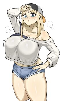 1girl :o absurdres backwards_hat bandaid bandaid_on_face bandaid_on_nose bare_shoulders baseball_cap blonde_hair blue_eyes blunt_bangs blush breasts centi_(nikke) centi_(supreme_holiday)_(nikke) collarbone denim denim_shorts goddess_of_victory:_nikke goma. hand_on_own_hip hat highres huge_breasts looking_at_viewer official_alternate_costume parted_lips shirt short_shorts shorts socks solo thighs white_shirt white_socks