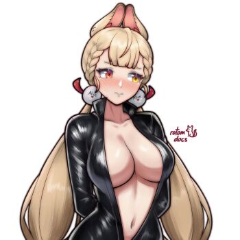 1girl alice_thymefield animal_ears arms_behind_back artist_name black_jacket blush breasts cleavage commentary commission embarrassed english_commentary facing_viewer heterochromia highres jacket ko-fi_commission large_breasts leather leather_jacket long_hair looking_to_the_side rabbit_ears rabbit_girl red_eyes rotomdocs signature solo twintails very_long_hair white_background yellow_eyes zenless_zone_zero