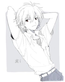 1boy arm_behind_head arms_up belt collared_shirt greyscale hair_between_eyes highres m3gris3 male_focus monochrome nagisa_kaworu neon_genesis_evangelion pocket red_eyes shirt shirt_tucked_in short_hair short_sleeves solo spot_color translation_request