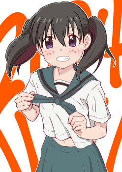 1girl black_hair blush clothes_lift dot_nose feet_out_of_frame female_focus green_sailor_collar green_skirt hair_between_eyes kuraue_hinata looking_at_viewer navel purple_eyes sailor_collar school_uniform serafuku shirt shirt_lift short_hair short_sleeves simple_background sin_rg skirt solo standing teeth white_background white_shirt yama_no_susume