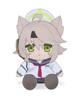 1girl animal_ears black_sailor_collar blue_archive brown_hair character_doll commentary doll eyebrows_hidden_by_hair fox_ears fox_girl full_body fumo_(doll) green_eyes green_halo halo highres light_blush long_sleeves looking_at_viewer minowa_sukyaru neckerchief open_mouth otogi_(blue_archive) red_neckerchief sailor_collar school_uniform serafuku shirt sitting solo swept_bangs symbol-only_commentary white_shirt