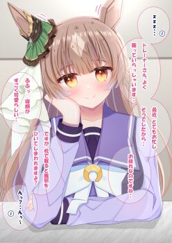 Rule 34 | 1girl, animal ears, blush, bow, bowtie, braid, breasts, brown eyes, brown hair, closed mouth, collarbone, commentary request, ear ornament, ear ribbon, hair between eyes, half up braid, head rest, highres, horse ears, horse girl, large breasts, long hair, long sleeves, looking at viewer, lpikamasi, multicolored hair, purple sailor collar, purple shirt, sailor collar, sailor shirt, satono diamond (umamusume), school uniform, shirt, smile, solo, speech bubble, streaked hair, tracen school uniform, translation request, umamusume, variant set, very long hair, white bow, white bowtie