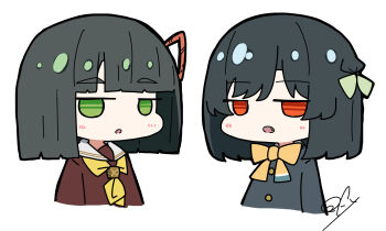 2girls :o absurdres black_hair black_jacket blunt_bangs blunt_ends bob_cut bow bowtie brown_dress chibi chibi_only dress fang green_bow green_eyes hair_bow hasu_no_sora_school_uniform highres jacket jitome link!_like!_love_live! long_sleeves looking_at_viewer love_live! love_live!_nijigasaki_high_school_idol_club medium_hair mifune_shioriko momose_ginko multiple_girls neckerchief nijigasaki_school_uniform oofushi_ao open_mouth orange_eyes parted_lips sailor_collar sailor_dress school_uniform signature simple_background trait_connection virtual_youtuber white_background white_sailor_collar winter_uniform yellow_bow yellow_bowtie yellow_neckerchief