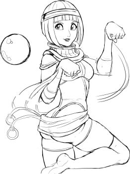 arms_up ass boa bob_cut butt_crack egyptian floating floating_object gluteal_fold headband highres looking_back menat one_leg_raised orb ribbon short_hair sketch straight_bangs street_fighter teevo