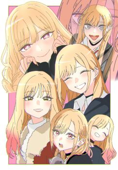 1girl black_sweater blonde_hair blush border closed_eyes closed_mouth commentary_request gradient_hair highres kitagawa_marin long_hair maji_himajin multicolored_hair multiple_views parted_lips pink_background pink_hair red_eyes shirt smile sono_bisque_doll_wa_koi_wo_suru sweater two-tone_hair white_border white_shirt