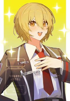 1girl :d black_coat black_pants blonde_hair coat collared_shirt english_text hair_between_eyes hand_on_own_chest hand_on_own_hip hand_up highres lapels limbus_company long_coat looking_at_viewer notched_lapels numbered one_eye_closed open_clothes open_coat open_mouth pants polearm project_moon shirt short_hair sin_82 smile solo sparkle standing translated twitter_username watermark weapon white_shirt yellow_background yellow_eyes