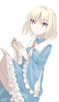1girl blonde_hair blue_dress blue_eyes breasts chest_tattoo collar commentary_request cup detached_collar dress fate/prototype fate_(series) frilled_collar frills long_sleeves looking_at_viewer sajou_manaka short_hair small_breasts smile solo tattoo tea teacup yubeshi_(zecxl)