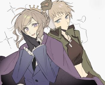 2girls aaaxianzhouyanqing axis_powers_hetalia blonde_hair blue_eyes cape crop_top france_(female)_(hetalia) france_(hetalia) germany_(female)_(hetalia) germany_(hetalia) gloves hat headphones highres jacket jewelry looking_at_viewer midriff mini_hat multiple_girls necklace necktie open_mouth purple_eyes shirt short_hair simple_background smile tiara updo upper_body white_background