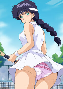 1girl ass ayukawa_madoka black_hair blue_sky cameltoe closed_mouth cloud cloudy_sky commentary_request cowboy_shot crotch_seam day dress frilled_panties frills from_behind frown green_eyes hair_tie headband highres holding holding_tennis_racket kimagure_orange_road long_hair looking_at_viewer looking_back moeshino outdoors panties ponytail racket short_dress sky sleeveless sleeveless_dress solo sportswear standing sweat tennis_court tennis_racket tennis_uniform twitter_username underwear white_headband white_panties wind wind_lift wristband