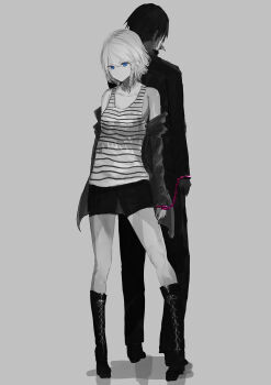 1boy 1girl absurdres arm_at_side bare_shoulders black_dress black_hair black_skirt blue_eyes boots braid breasts closed_mouth cuffs dress from_behind grey_background greyscale hair_between_eyes handcuffed handcuffed_together handcuffs hatsune_miku highres jacket looking_at_viewer misaki_nonaka monochrome outstretched_arm partially_colored shadow shirt short_hair simple_background single_braid skirt standing striped_clothes striped_shirt thigh_boots thighhighs vocaloid white_hair